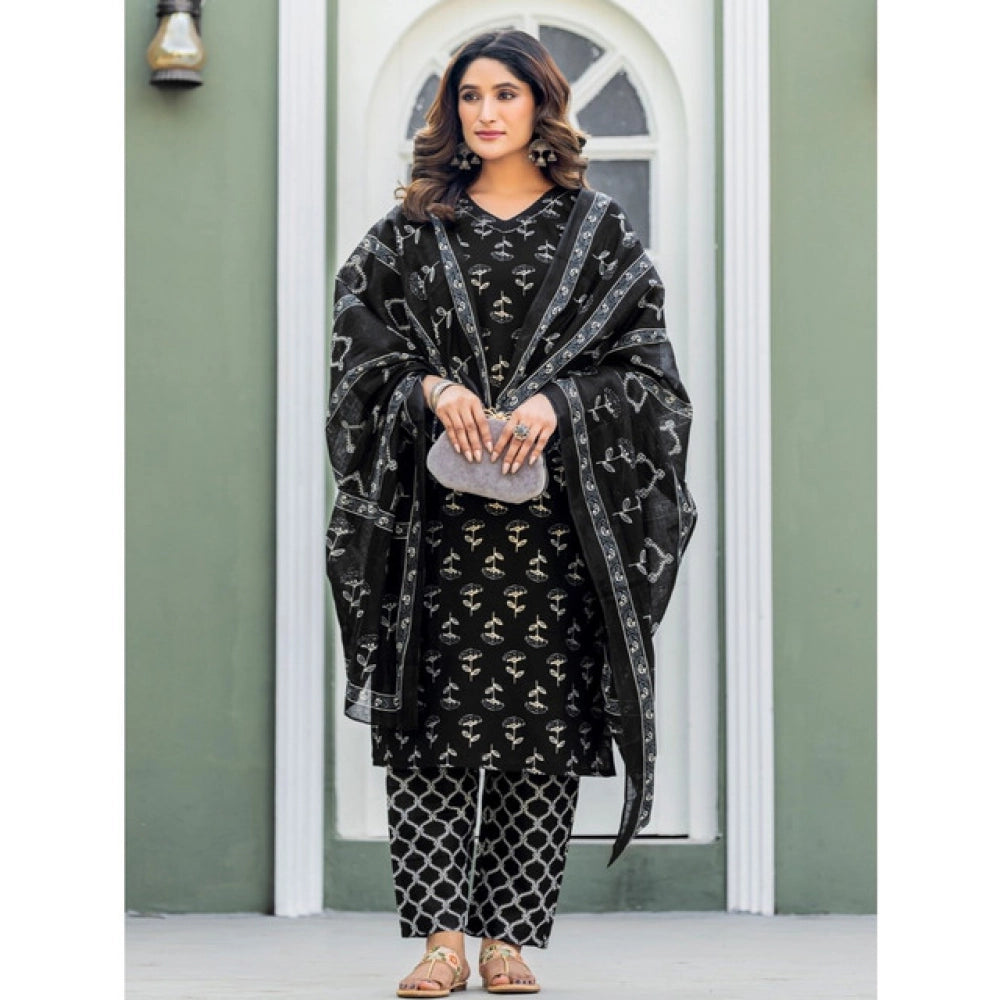 HD Women's Cotton Blend Printed Kurti With Pant Dupatta Set (Black)