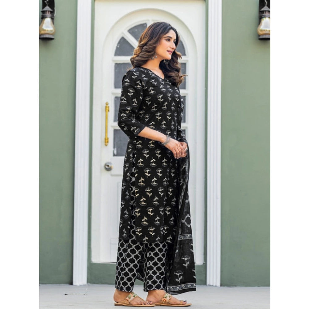 HD Women's Cotton Blend Printed Kurti With Pant Dupatta Set (Black)