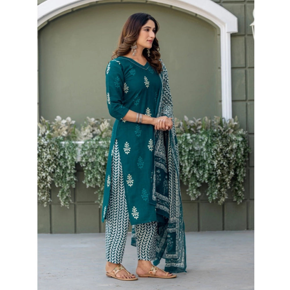 HD Women's Cotton Blend Printed Kurti With Pant Dupatta Set (Morpichh)