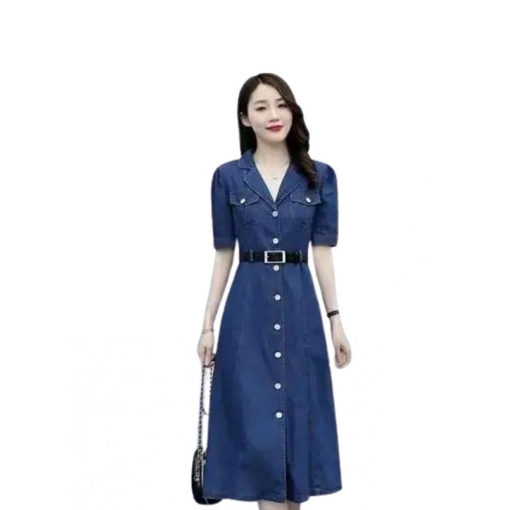 HD Women's Casual Denim Half Sleeves Dress (Blue)