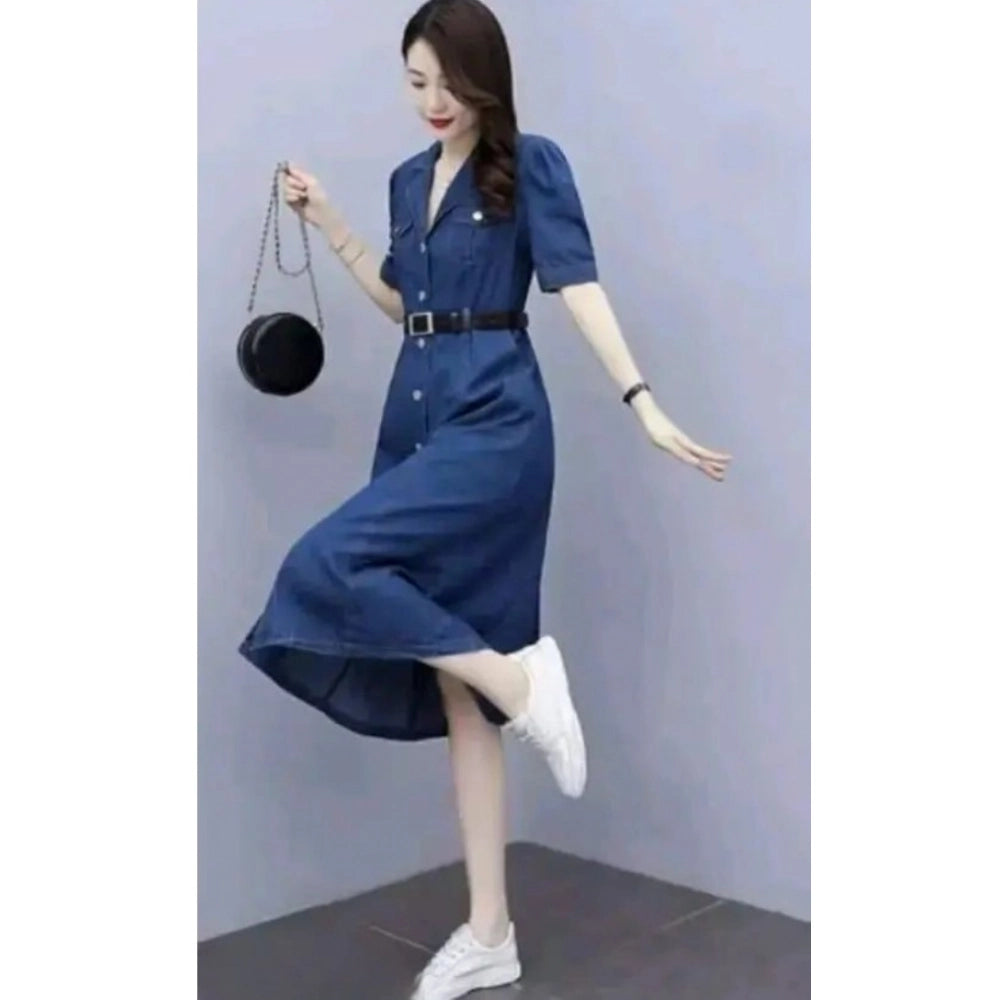 HD Women's Casual Denim Half Sleeves Dress (Blue)