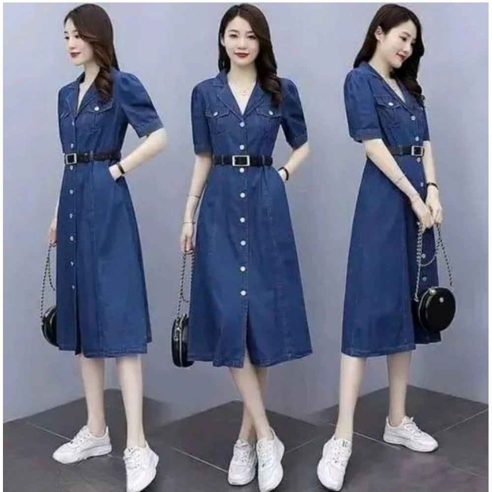 HD Women's Casual Denim Half Sleeves Dress (Blue)