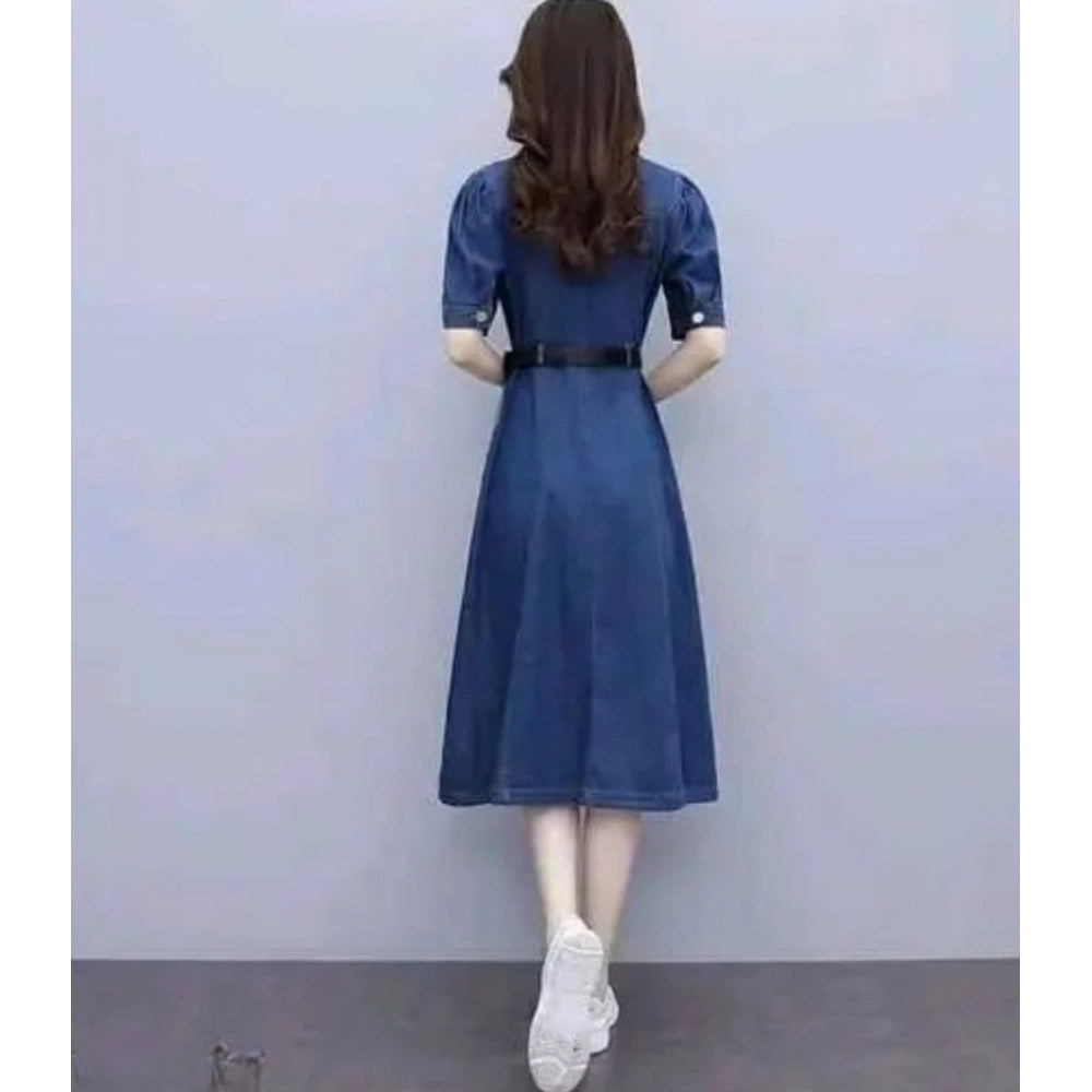 HD Women's Casual Denim Half Sleeves Dress (Blue)