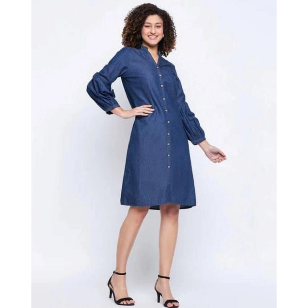 HD Women's Casual Denim Full sleeve Dress (Blue)