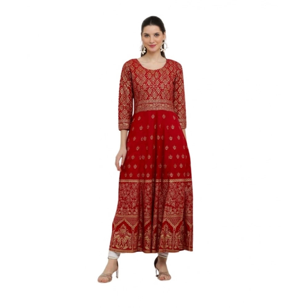 HD Women's Casual Rayon 3-4th Sleeves Anarkali Kurti (Red)