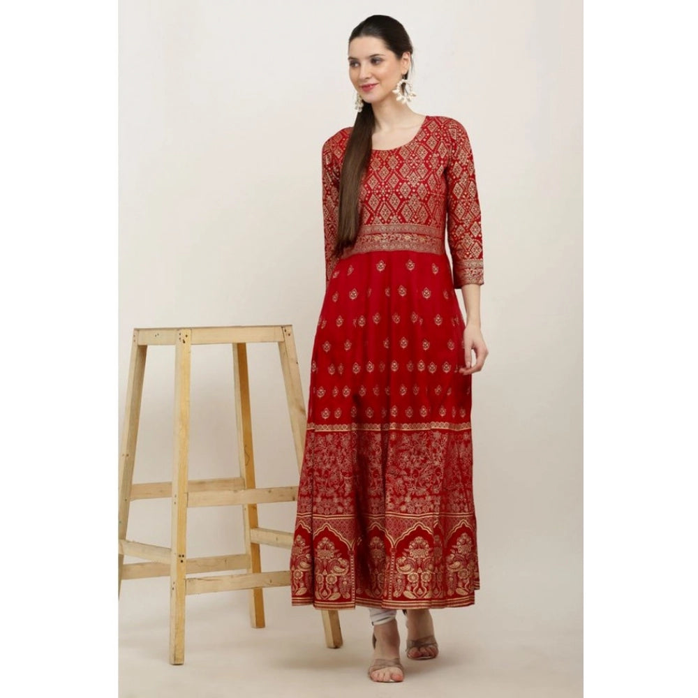 HD Women's Casual Rayon 3-4th Sleeves Anarkali Kurti (Red)