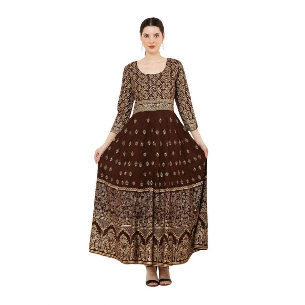HD Women's Casual Rayon 3-4th Sleeves Anarkali Kurti (Brown)