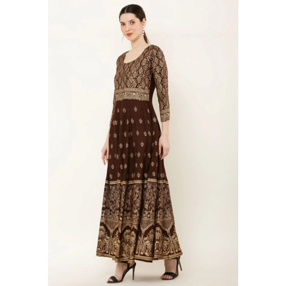 HD Women's Casual Rayon 3-4th Sleeves Anarkali Kurti (Brown)