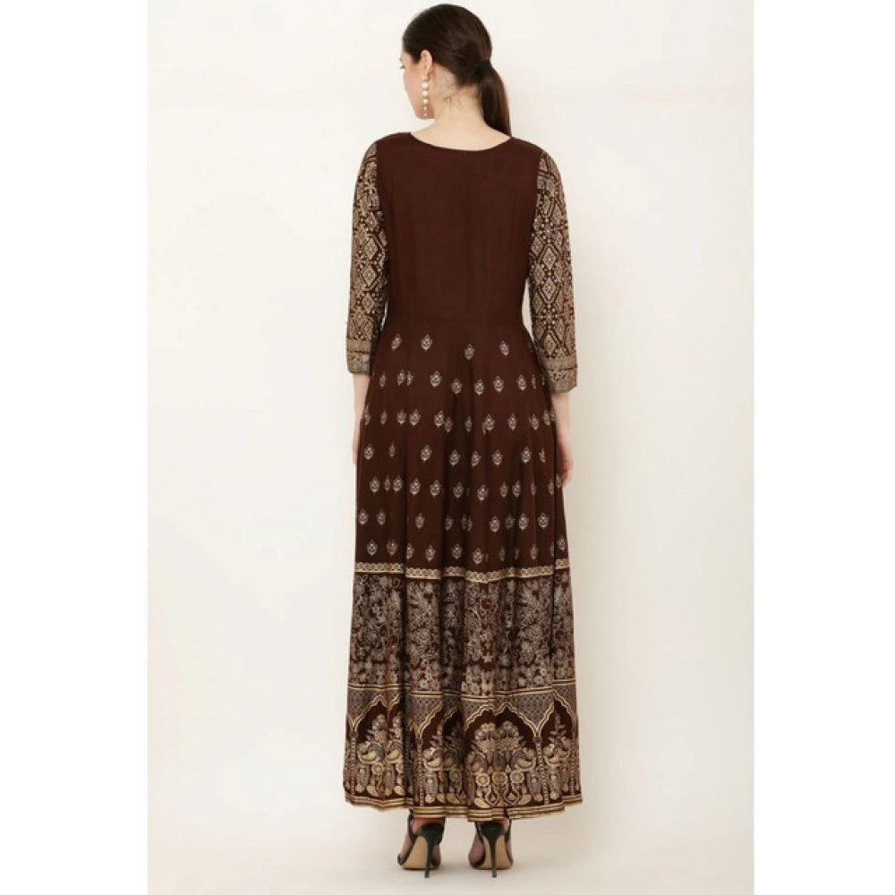 HD Women's Casual Rayon 3-4th Sleeves Anarkali Kurti (Brown)