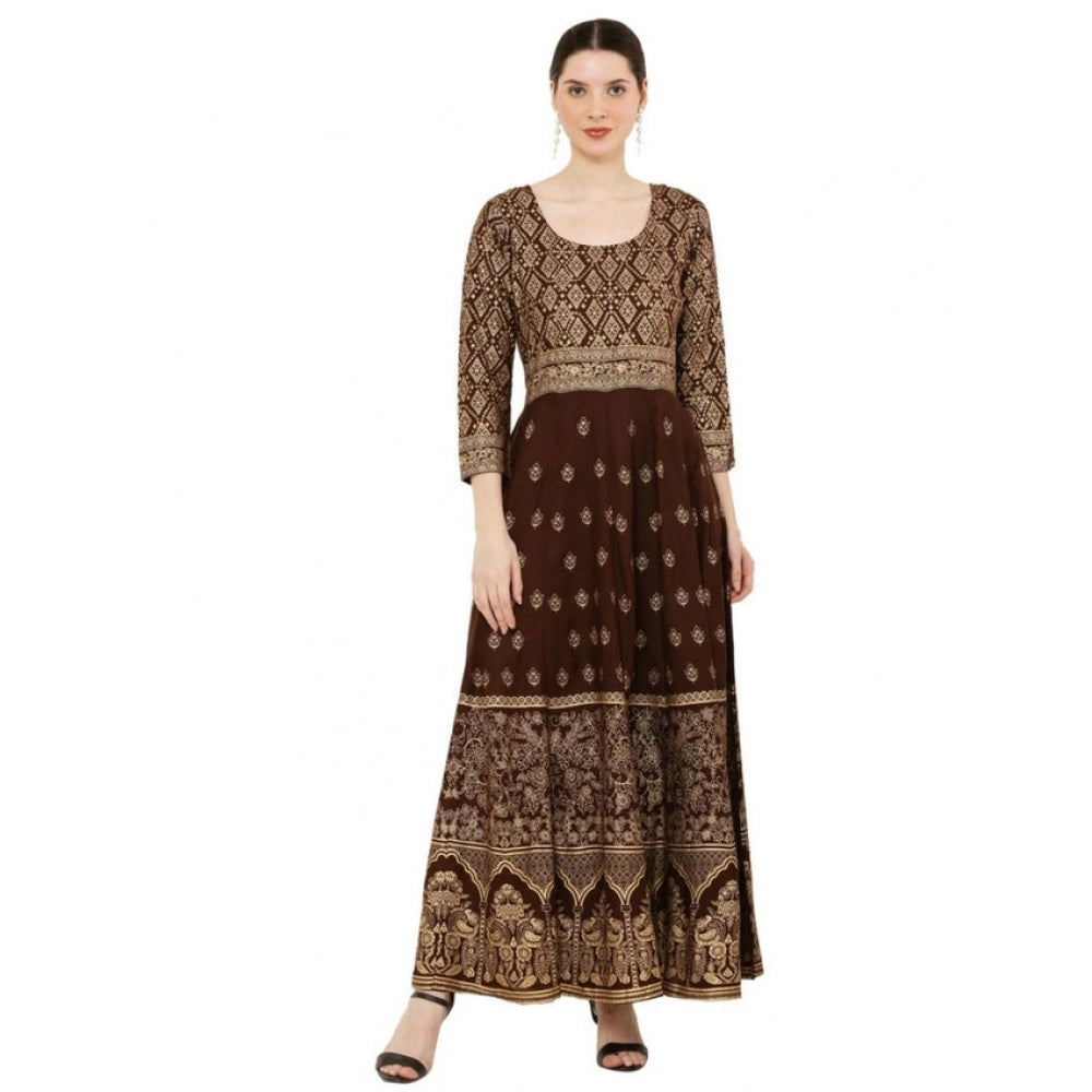 HD Women's Casual Rayon 3-4th Sleeves Anarkali Kurti (Brown)