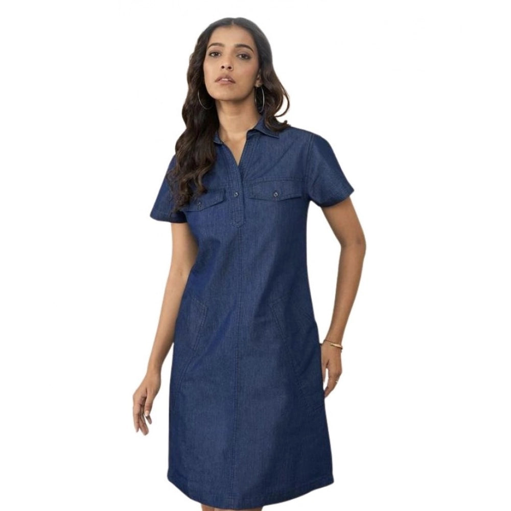 HD Women's Casual Denim Half Sleeves Dress (Blue)