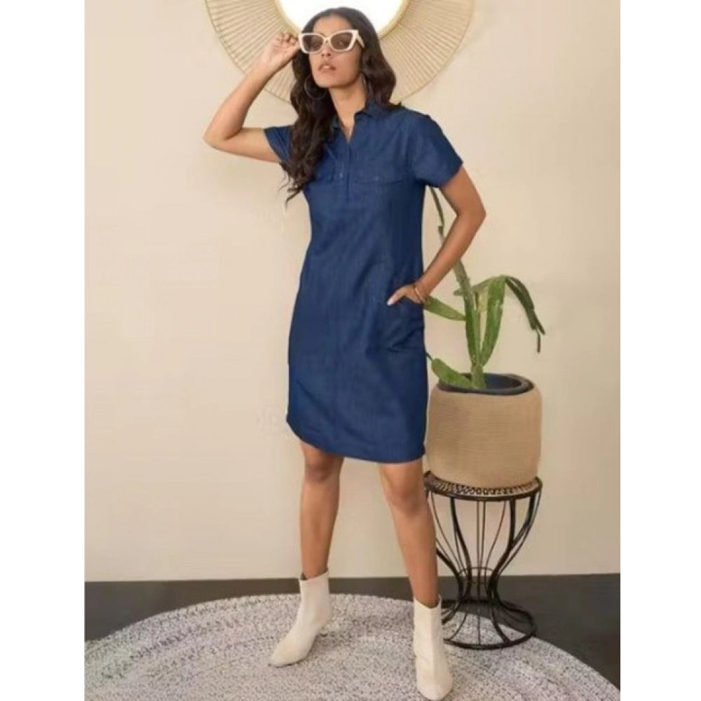 HD Women's Casual Denim Half Sleeves Dress (Blue)