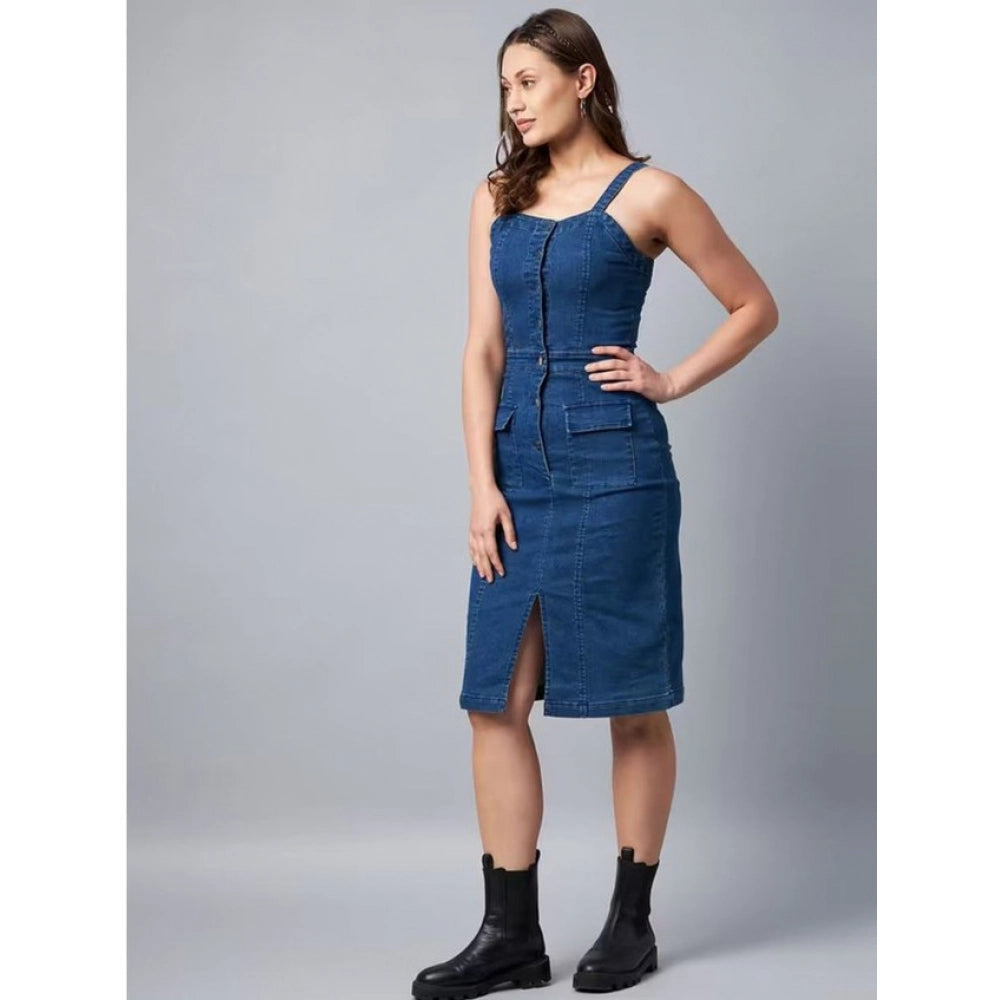 HD Women's Casual Denim Sleeveless Dress (Blue)