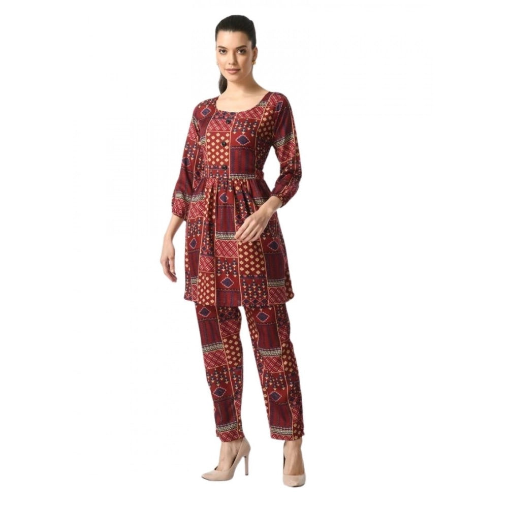 HD Women's Casual Crepe 3-4th Sleeves Cord Set (Maroon)