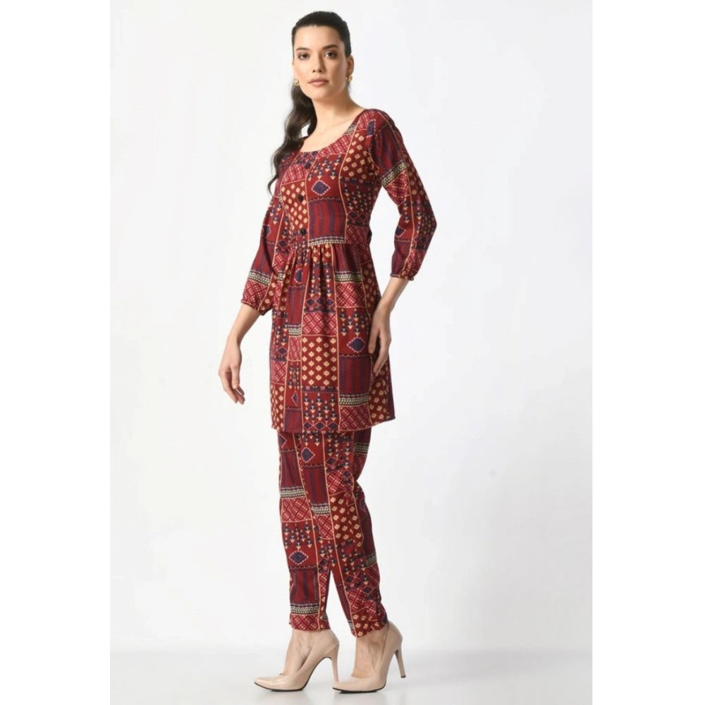 HD Women's Casual Crepe 3-4th Sleeves Cord Set (Maroon)