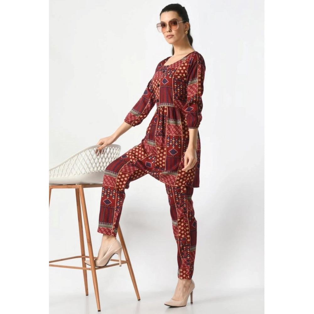 HD Women's Casual Crepe 3-4th Sleeves Cord Set (Maroon)