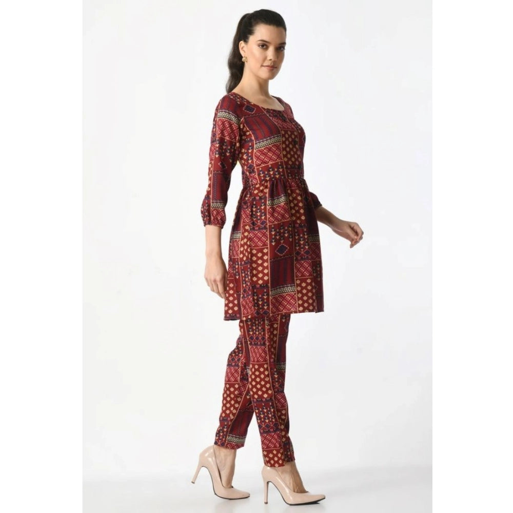HD Women's Casual Crepe 3-4th Sleeves Cord Set (Maroon)