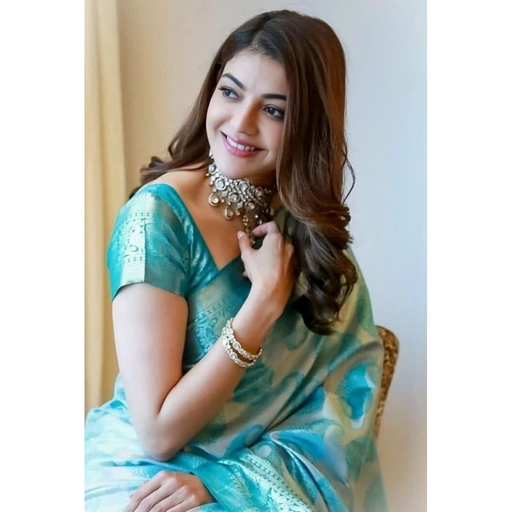 Women's Soft Lichi Silk Printed Saree With Unstitched Blouse 5.5Mtr (Sky Blue)