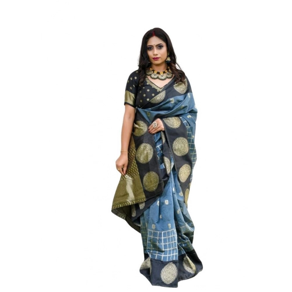 Women's Soft Lichi Silk Printed Saree With Unstitched Blouse 5.5Mtr (Grey)