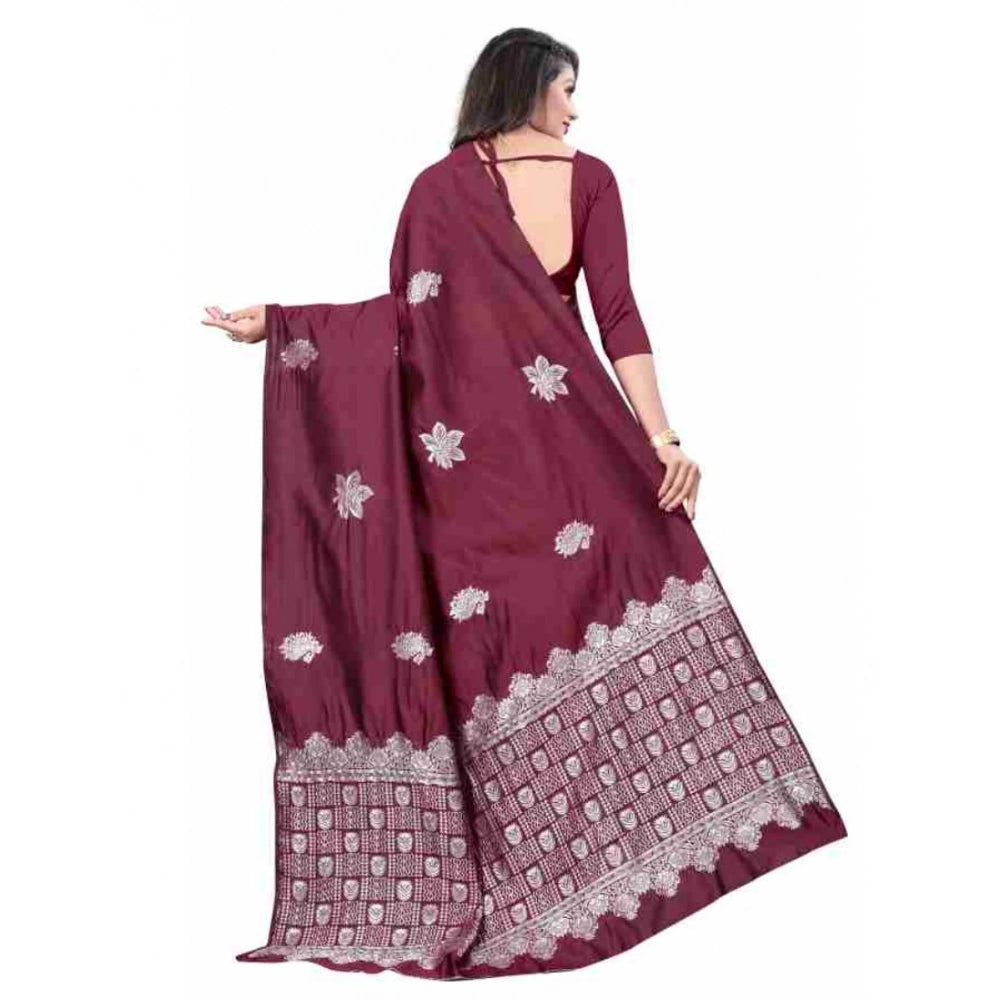 Women's Soft Lichi Silk Printed Saree With Unstitched Blouse 5.5Mtr (Wine)