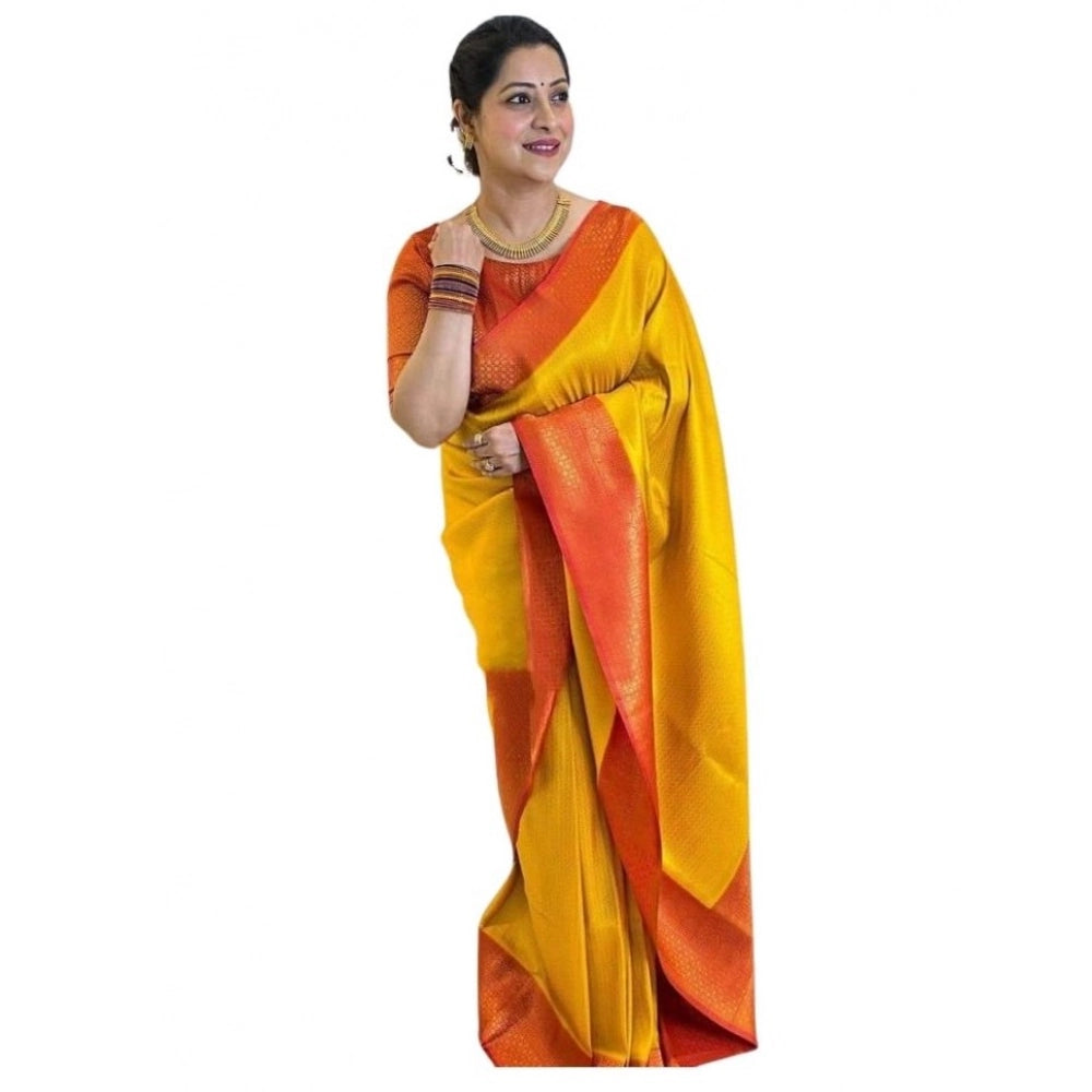 HD Women's Soft Lichi Silk Printed Saree With Unstitched Blouse 5.5Mtr (Mustard聽)