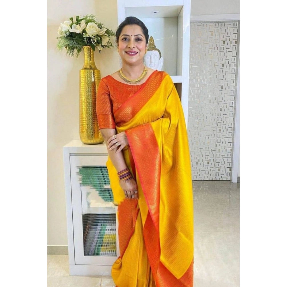 HD Women's Soft Lichi Silk Printed Saree With Unstitched Blouse 5.5Mtr (Mustard聽)