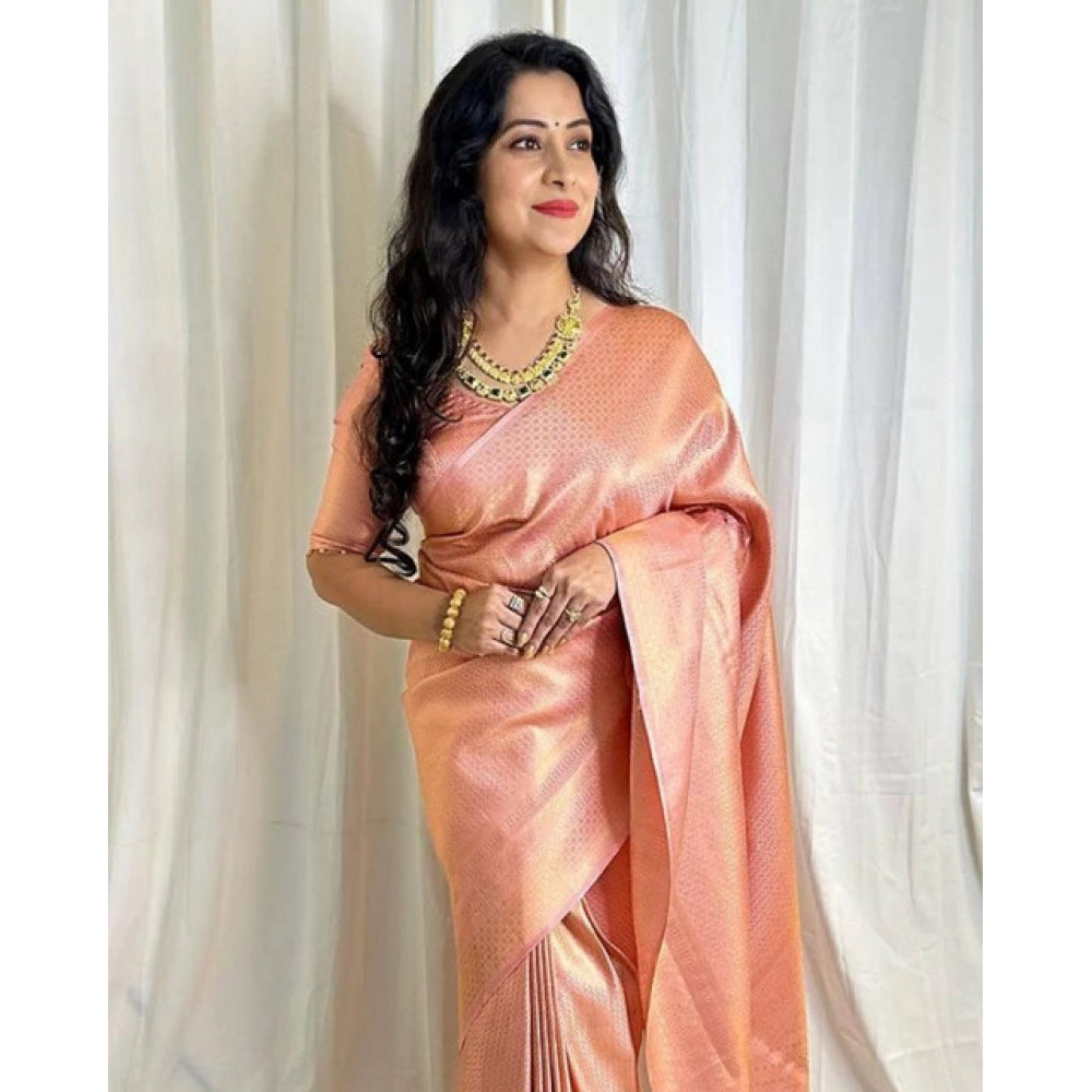 Women's Soft Lichi Silk Printed Saree With Unstitched Blouse 5.5Mtr (Peach)