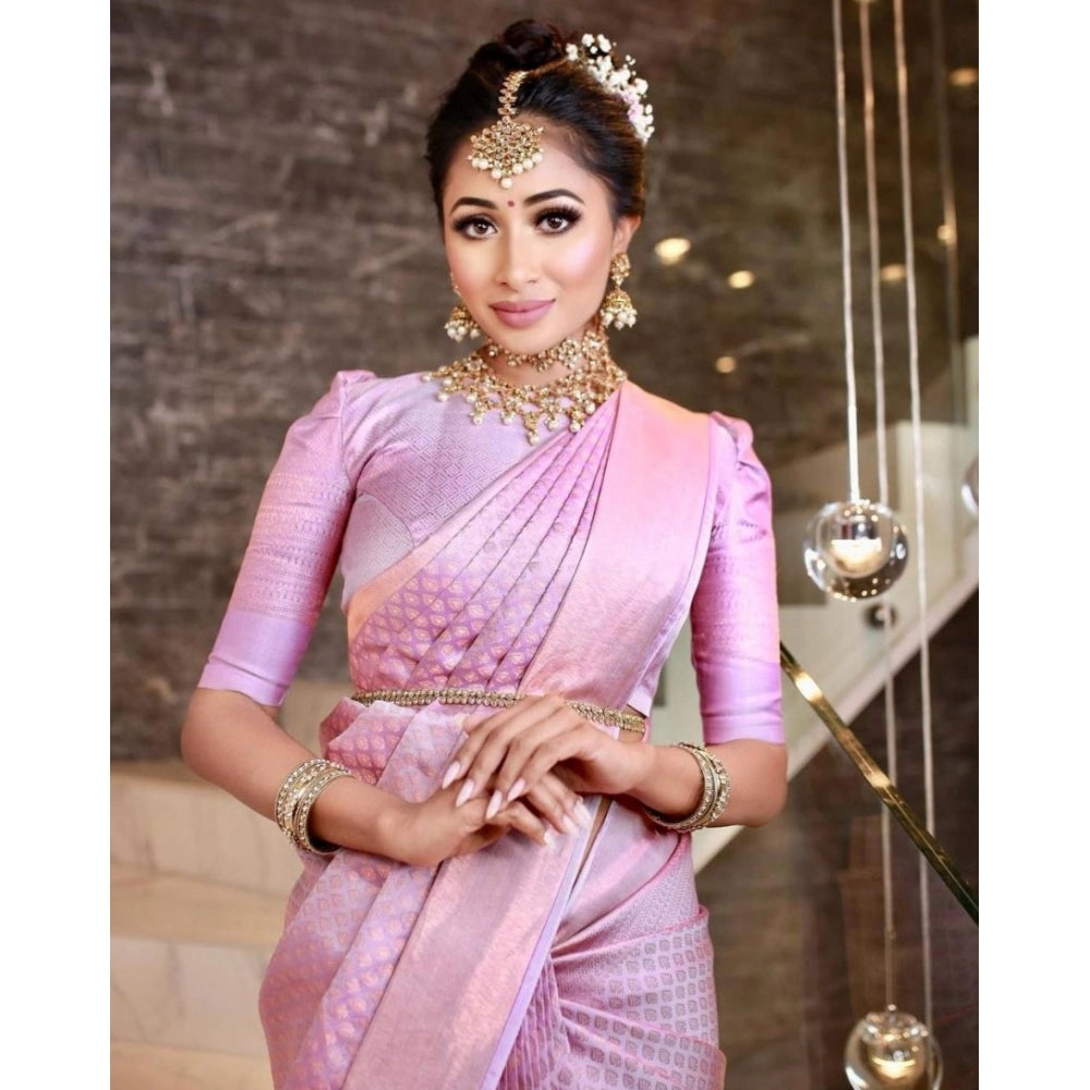 Women's Soft Lichi Silk Printed Saree With Unstitched Blouse 5.5Mtr (Pink)