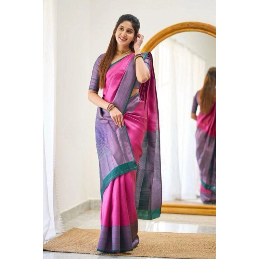 Women's Soft Lichi Silk Printed Saree With Unstitched Blouse 5.5Mtr (Pink)