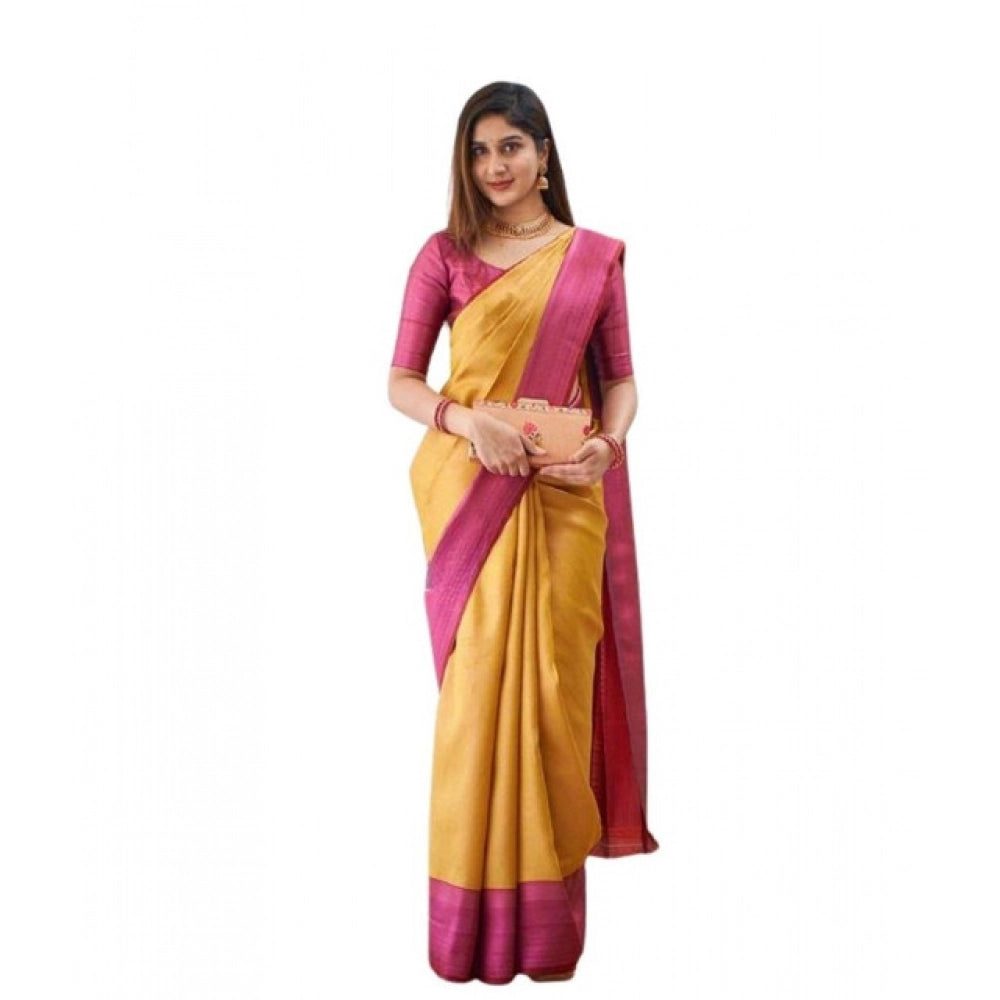 HD Women's Soft Lichi Silk Printed Saree With Unstitched Blouse 5.5Mtr (Mustard聽)