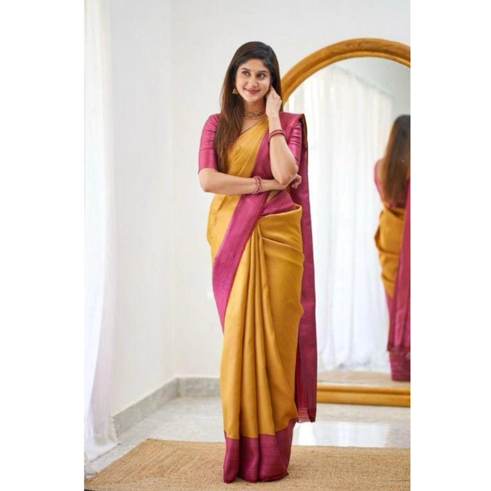 HD Women's Soft Lichi Silk Printed Saree With Unstitched Blouse 5.5Mtr (Mustard聽)