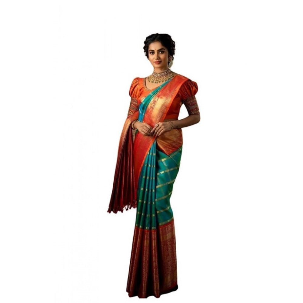 Women's Soft Lichi Silk Printed Saree With Unstitched Blouse 5.5Mtr (Green)