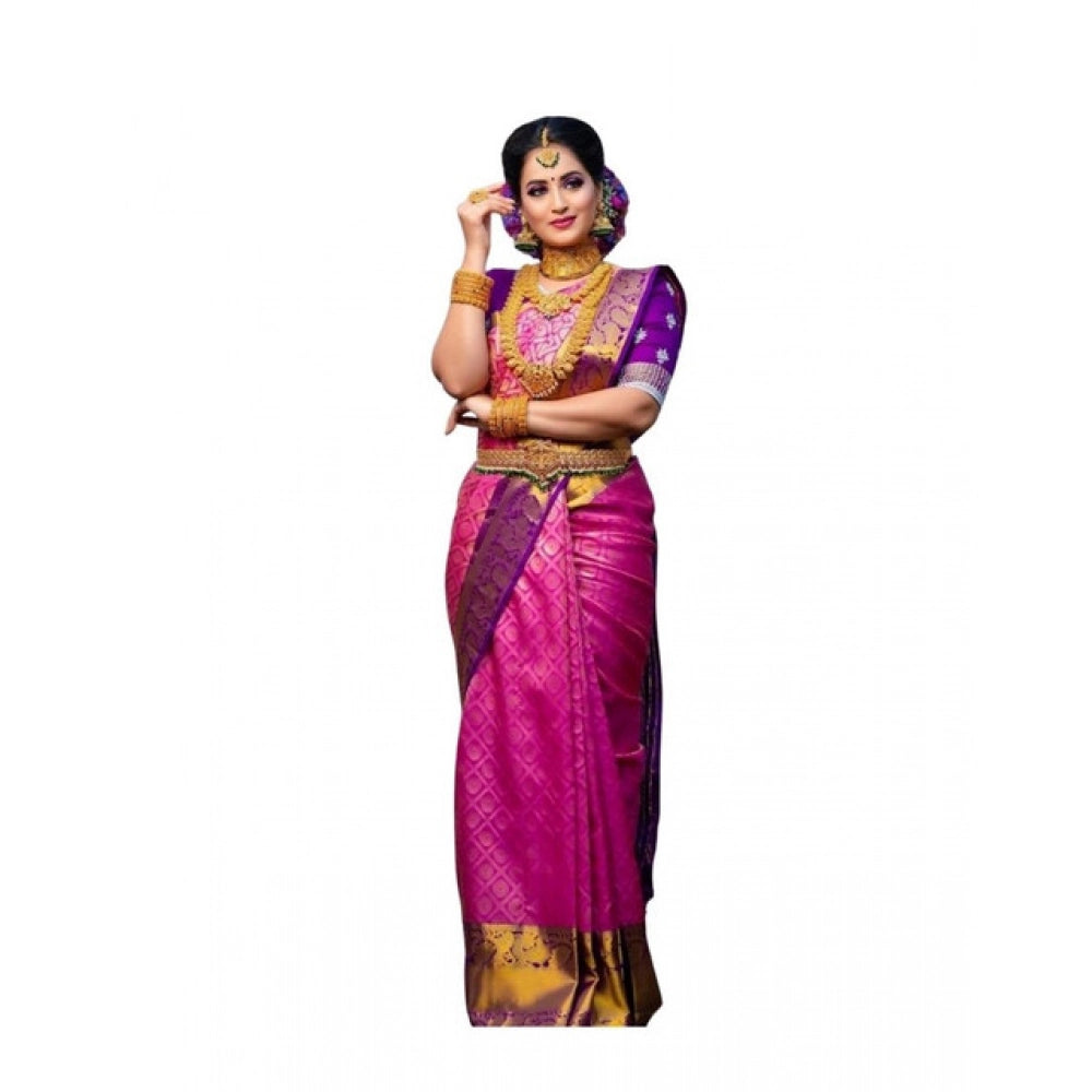 Women's Soft Lichi Silk Printed Saree With Unstitched Blouse 5.5Mtr (Pink)