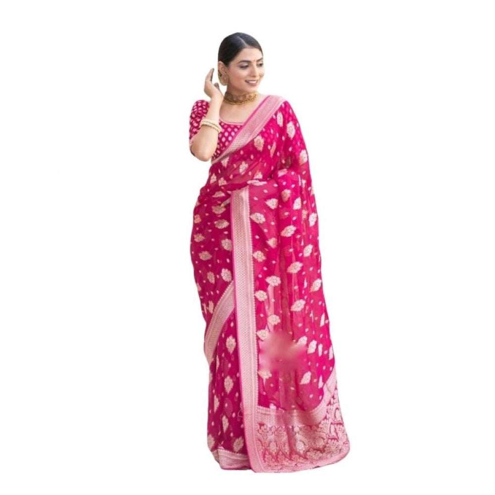 Women's Soft Lichi Silk Printed Saree With Unstitched Blouse 5.5Mtr (Pink)