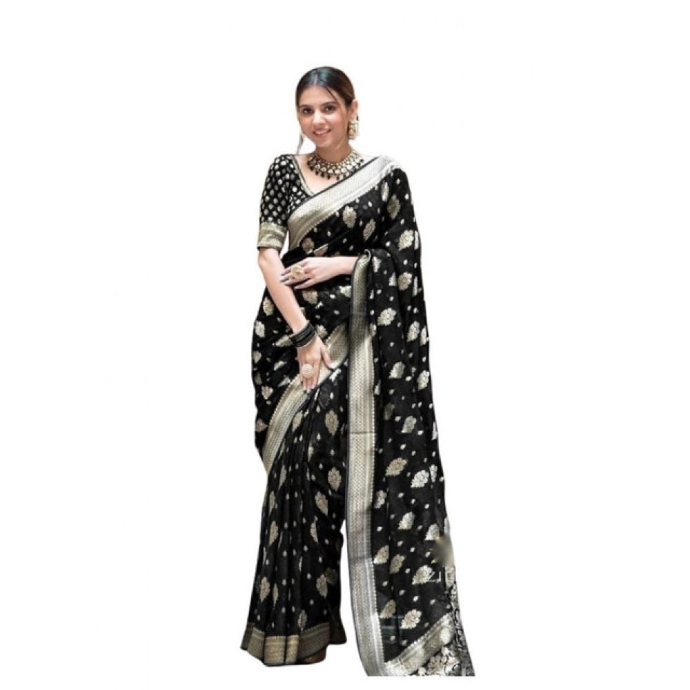 Women's Soft Lichi Silk Printed Saree With Unstitched Blouse 5.5Mtr (Black)