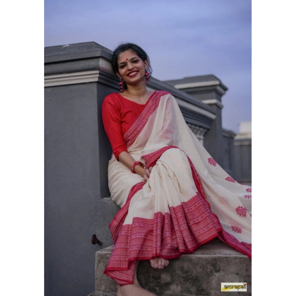 Women's Soft Lilan Printed Saree With Unstitched Blouse 5.5Mtr (White)