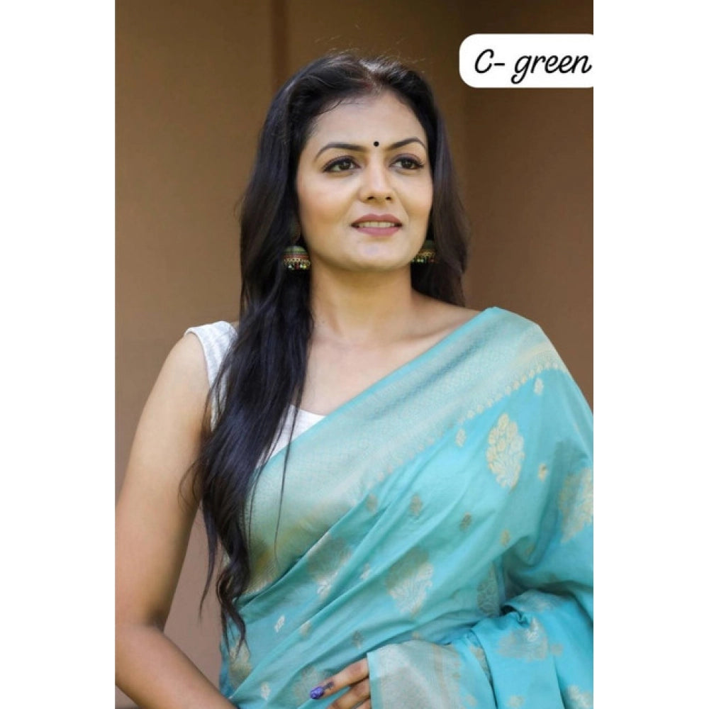Women's Soft Lichi Silk Printed Saree With Unstitched Blouse 5.5Mtr (Sky-Blue)