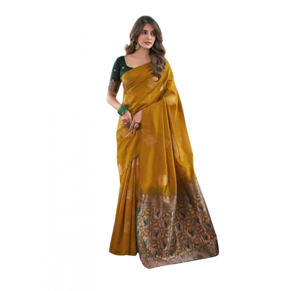 HD Women's Soft Lichi Silk Printed Saree With Unstitched Blouse 5.5Mtr (Mustard聽)