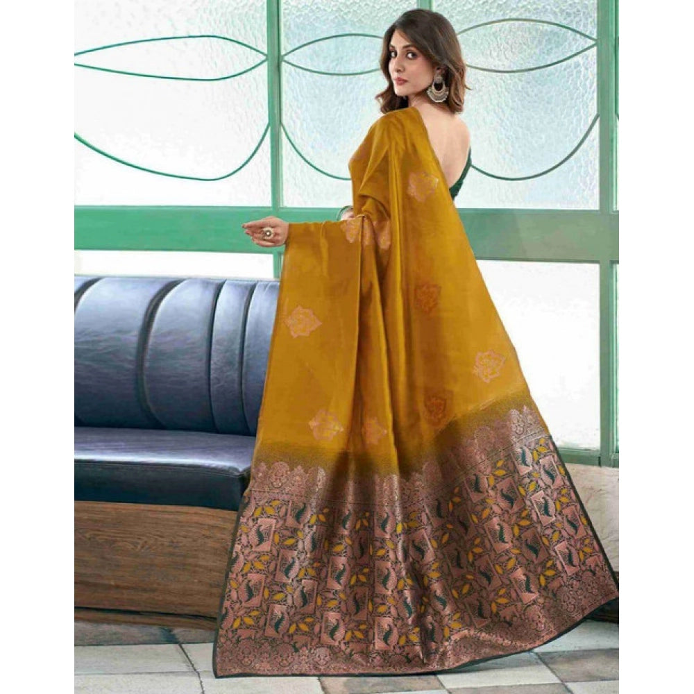 HD Women's Soft Lichi Silk Printed Saree With Unstitched Blouse 5.5Mtr (Mustard聽)
