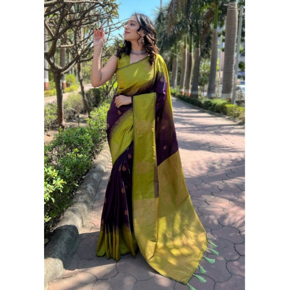 Women's Soft Lichi Silk Printed Saree With Unstitched Blouse 5.5Mtr (Purple)