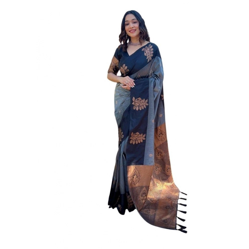 Women's Soft Lichi Silk Printed Saree With Unstitched Blouse 5.5Mtr (Grey)