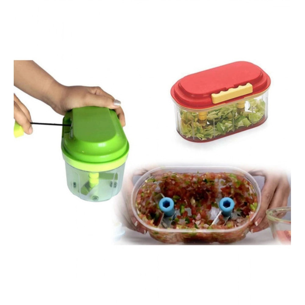 HamariDookan Pack Of 2_Twin Bowl Dual-Blade Hand Chopper | Manual Food Processor for Vegetables And Fruits (Color: Assorted )