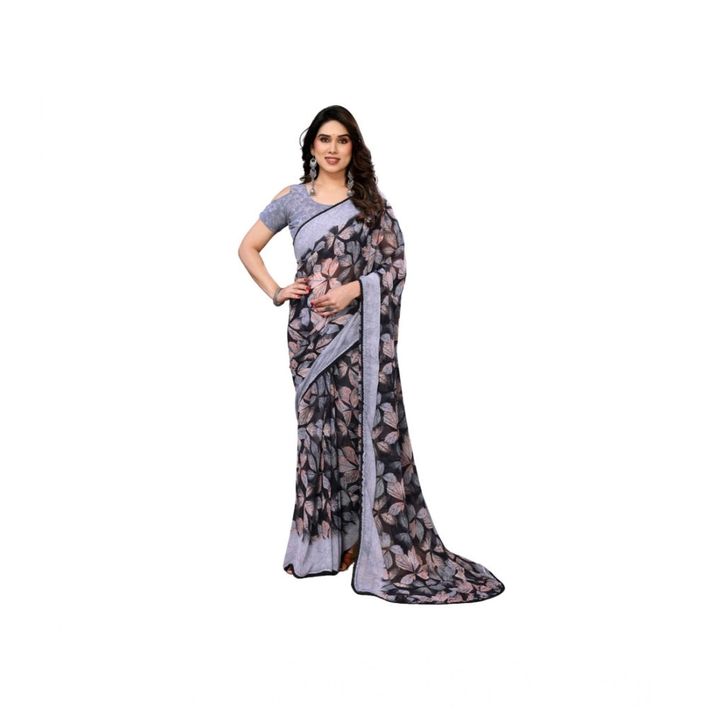 Women's Chiffon Printed Saree With Unstitched Blouse 5.5Mtr闁?Grey)