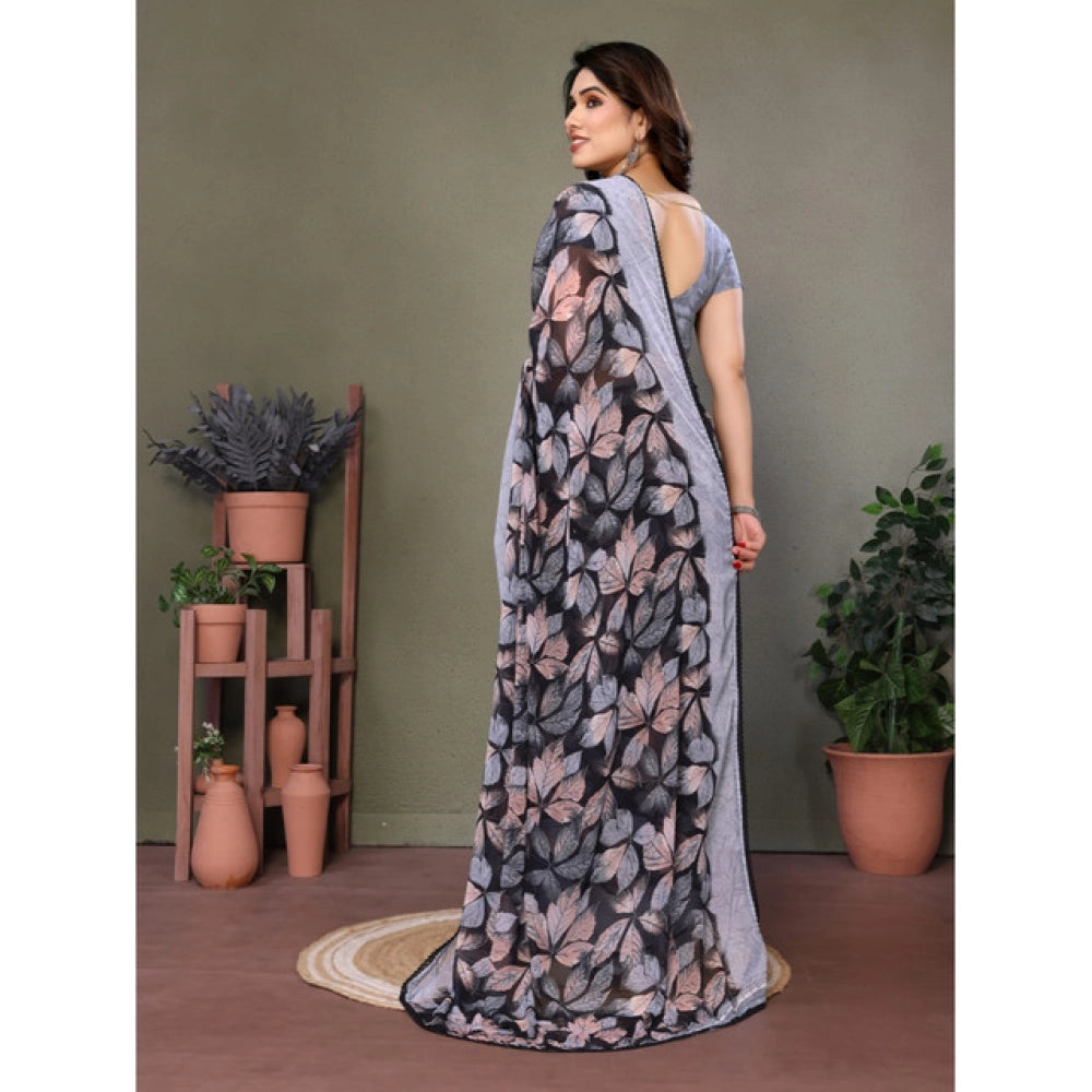 Women's Chiffon Printed Saree With Unstitched Blouse 5.5Mtr闁?Grey)