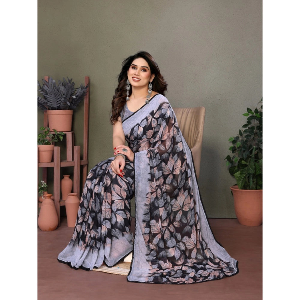 Women's Chiffon Printed Saree With Unstitched Blouse 5.5Mtr闁?Grey)