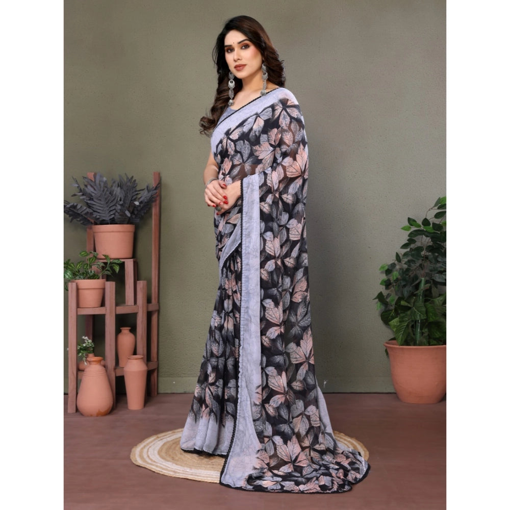 Women's Chiffon Printed Saree With Unstitched Blouse 5.5Mtr闁?Grey)