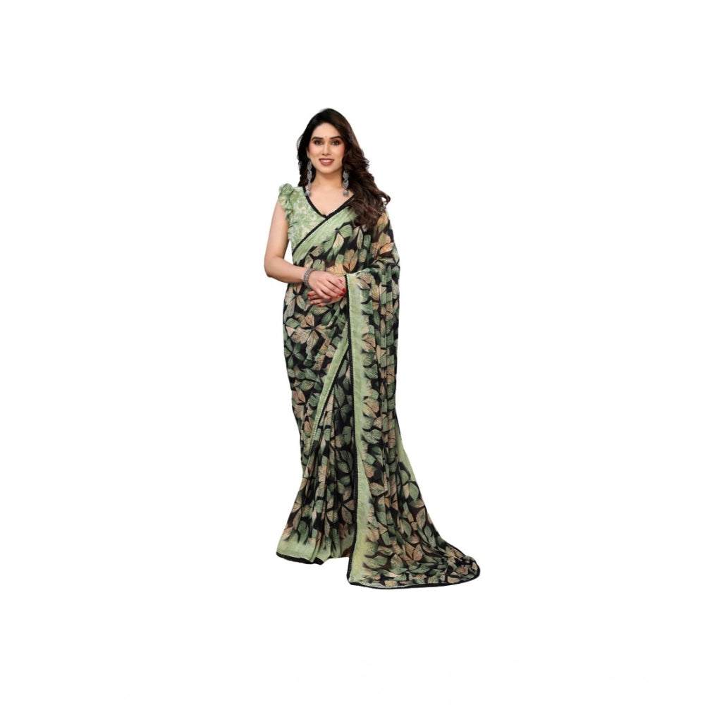 Women's Chiffon Printed Saree With Unstitched Blouse 5.5Mtr闁?Green)