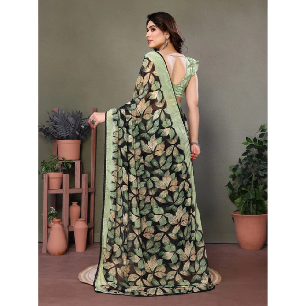 Women's Chiffon Printed Saree With Unstitched Blouse 5.5Mtr闁?Green)