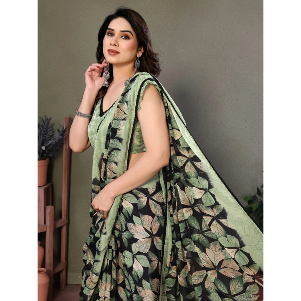 Women's Chiffon Printed Saree With Unstitched Blouse 5.5Mtr闁?Green)