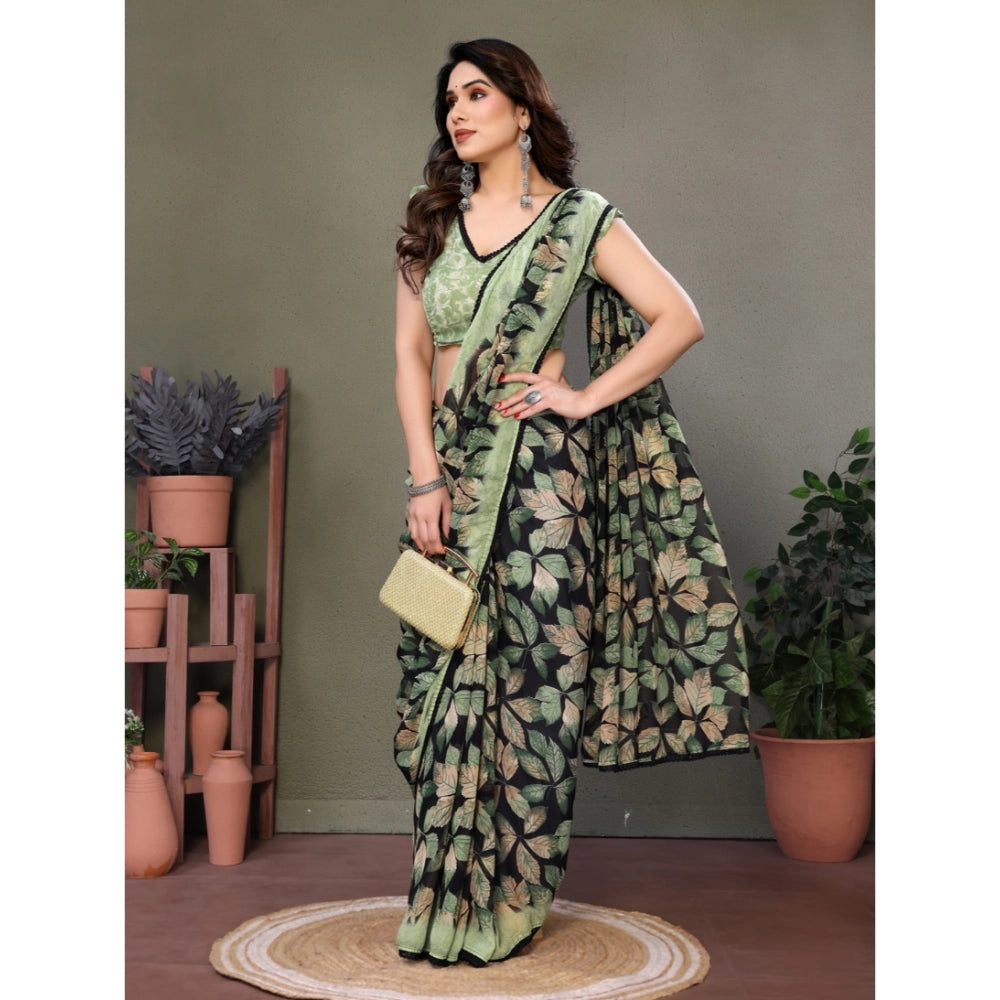 Women's Chiffon Printed Saree With Unstitched Blouse 5.5Mtr闁?Green)